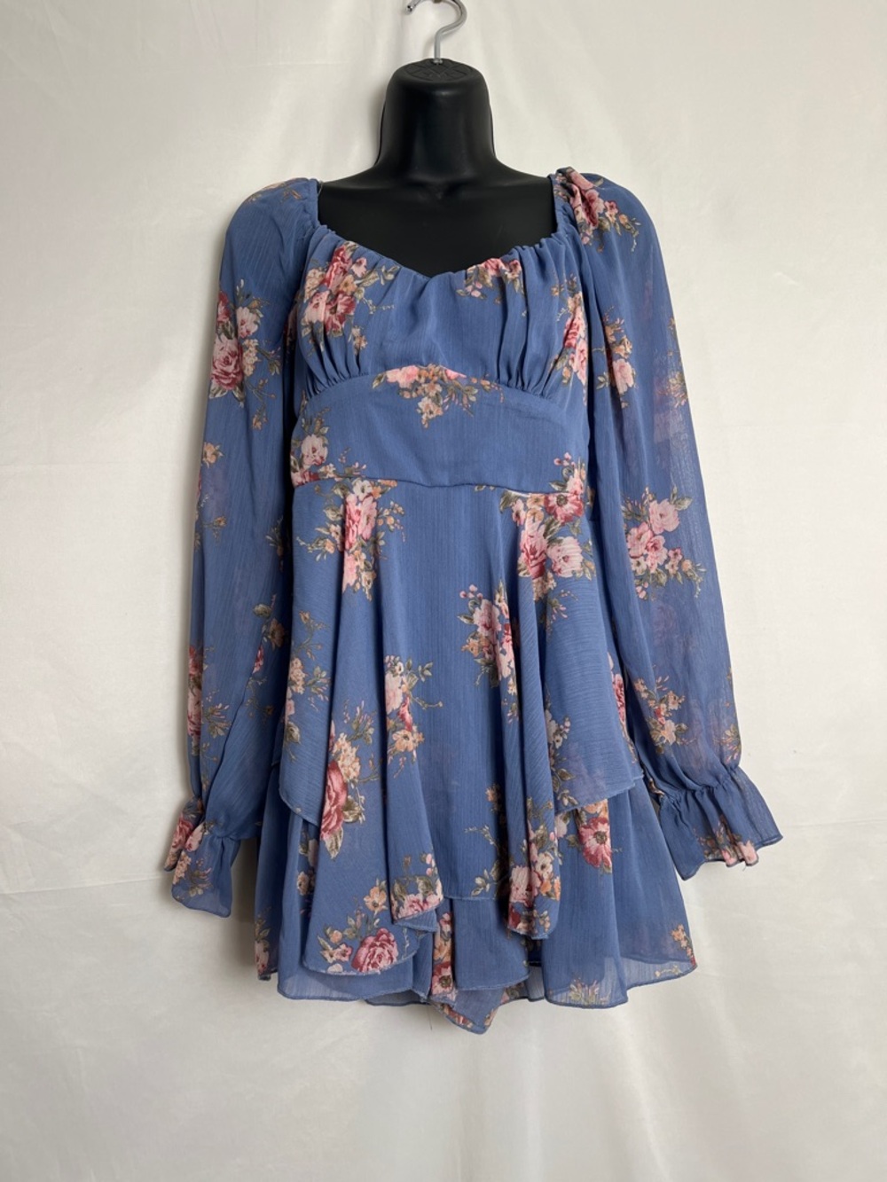 Inspired Hearts Blue Floral Long-Sleeve Tiered Dress
